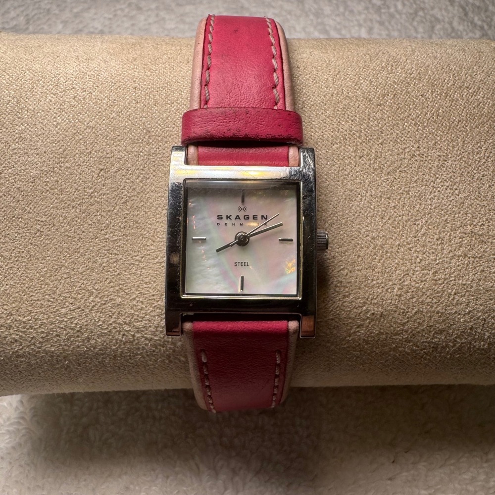 Skagen Denmark 528SSLP Women Pink Leather Mother of Pearl Square Steel Watch